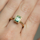 1.16ct Baguette Cut Untreated Nigerian Green Sapphire Low Profile Bezel Hidden Halo Solitaire Ring in 14k Yellow Gold
