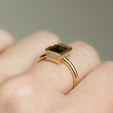 1.16ct Baguette Cut Untreated Nigerian Green Sapphire Low Profile Bezel Hidden Halo Solitaire Ring in 14k Yellow Gold