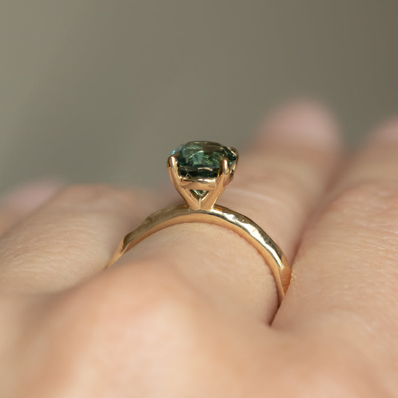 2.06ct Oval Precision Cut Teal Blue Green Oval Montana Sapphire Evergreen Carved 4 Prong Solitaire in 14k Yellow Gold