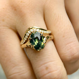3.29ct Untreated Oval Parti Green Sapphire Low Profile 6 Prong Evergreen Carved Solitaire in 14k Yellow Gold