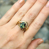 3.29ct Untreated Oval Parti Green Sapphire Low Profile 6 Prong Evergreen Carved Solitaire in 14k Yellow Gold