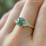 2.22ct Opalescent Square Radiant Madagascar Sapphire and Trillion Sapphire Antique Compass Set Low Profile Ring in 14k Green Gold