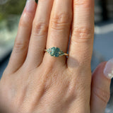 2.22ct Opalescent Square Radiant Madagascar Sapphire and Trillion Sapphire Antique Compass Set Low Profile Ring in 14k Green Gold