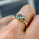 1.55ct Cushion Cut Montana Sapphire and Trillion Sapphire Antique Compass Set Low Profile Ring in 14k Yellow Gold