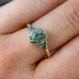 1.55ct Cushion Cut Montana Sapphire and Trillion Sapphire Antique Compass Set Low Profile Ring in 14k Yellow Gold