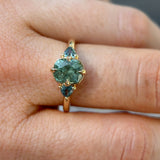 1.55ct Cushion Cut Montana Sapphire and Trillion Sapphire Antique Compass Set Low Profile Ring in 14k Yellow Gold