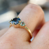 1.31ct Round Color Shifting Songean Sapphire and Trillion Sapphire Antique Compass Set Low Profile Ring in 14k Yellow Gold