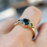 1.31ct Round Color Shifting Songean Sapphire and Trillion Sapphire Antique Compass Set Low Profile Ring in 14k Yellow Gold