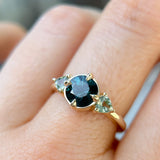 1.31ct Round Color Shifting Songean Sapphire and Trillion Sapphire Antique Compass Set Low Profile Ring in 14k Yellow Gold