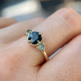 1.31ct Round Color Shifting Songean Sapphire and Trillion Sapphire Antique Compass Set Low Profile Ring in 14k Yellow Gold