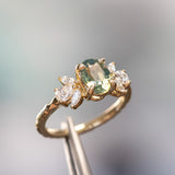 1.55ct Untreated Oval Green Sapphire and Lab Grown Marquise Diamond Cluster Ring in 14k Yellow Gold
