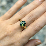 3.29ct Untreated Oval Parti Green Sapphire Low Profile 6 Prong Evergreen Carved Solitaire in 14k Yellow Gold