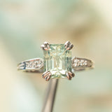 3.84ct Emerald Cut Unheated Light Aqua Blue Montana Sapphire Double Claw Prong Low Profile Milgrain and Diamond Vintage Cathedral Wedding Set in Platinum