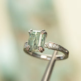 3.84ct Emerald Cut Unheated Light Aqua Blue Montana Sapphire Double Claw Prong Low Profile Milgrain and Diamond Vintage Cathedral Wedding Set in Platinum