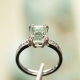 3.84ct Emerald Cut Unheated Light Aqua Blue Montana Sapphire Double Claw Prong Low Profile Milgrain and Diamond Vintage Cathedral Wedding Set in Platinum