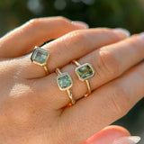 1.37ct Parti Green Radiant Cut Sapphire Low Profile Bezel Ring with Milgrain in 14k Yellow Gold