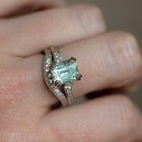3.84ct Emerald Cut Unheated Light Aqua Blue Montana Sapphire Double Claw Prong Low Profile Milgrain and Diamond Vintage Cathedral Wedding Set in Platinum