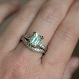 3.84ct Emerald Cut Unheated Light Aqua Blue Montana Sapphire Double Claw Prong Low Profile Milgrain and Diamond Vintage Cathedral Wedding Set in Platinum