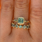 1.13ct Cushion Cut Rock Creek Montana Sapphire Low Profile Bezel Ring with Evergreen Texture and Milgrain in 14k Yellow Gold