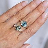 3.05ct Teal Emerald Cut Sapphire Three Stone Ring with Baguette Diamonds in Platinum & 18k Yellow Gold