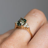 3.53ct Blue Green Untreated Radiant Cut Sapphire and Diamond Cluster Ring in 14k Yellow Gold