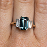 3.05ct Teal Emerald Cut Sapphire Three Stone Ring with Baguette Diamonds in Platinum & 18k Yellow Gold