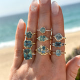 1.55ct Cushion Cut Montana Sapphire and Trillion Sapphire Antique Compass Set Low Profile Ring in 14k Yellow Gold