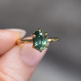 2.55ct Silky Teal Australian Oval Sapphire Six Prong Evergreen Hidden Halo Solitaire in 18k Yellow Gold