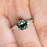 2.15ct Oval Australian Sapphire and Natural Kite Diamond Three Stone Ring in Two Tone 18k Yellow and Platinum