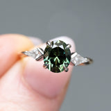 2.15ct Oval Australian Sapphire and Natural Kite Diamond Three Stone Ring in Two Tone 18k Yellow and Platinum