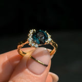 3.05ct Round Deep Blue Green Madagascar Sapphire and Diamond Evergreen Asymmetrical Cluster Ring in 8k Yellow Gold