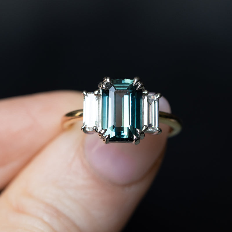 3.05ct Teal Emerald Cut Sapphire Three Stone Ring with Baguette Diamonds in Platinum & 18k Yellow Gold