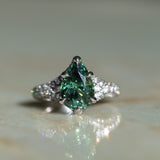 3.93ct Green Australian Pear Sapphire Diamond-Studded Tapered Solitaire in 14k Blackened Gold