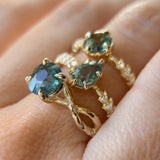 2.08ct Untreated Round Teal Sapphire Twisted Vine Split Shank Solitaire in 14k Yellow Gold with Diamonds