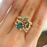 0.92ct Untreated Round Australian Parti Sapphire Low Profile 4 Prong Vine Solitaire with Diamonds in 18k Yellow