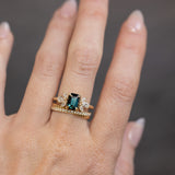 2.05ct Deeply Saturated Teal Blue Sapphire and Lab Grown Marquise Diamond Cluster Ring in 14k Yellow Gold