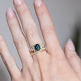 2.05ct Deeply Saturated Teal Blue Sapphire and Lab Grown Marquise Diamond Cluster Ring in 14k Yellow Gold