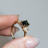 2.05ct Deeply Saturated Teal Blue Sapphire and Lab Grown Marquise Diamond Cluster Ring in 14k Yellow Gold