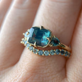 2.53ct Untreated Glowy Teal Cushion Cut Sapphire and Trillion Sapphire Antique Compass East-West Set Low Profile Ring in 14k Yellow Gold