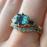 2.53ct Untreated Glowy Teal Cushion Cut Sapphire and Trillion Sapphire Antique Compass East-West Set Low Profile Ring in 14k Yellow Gold