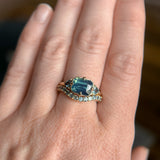 2.53ct Untreated Glowy Teal Cushion Cut Sapphire and Trillion Sapphire Antique Compass East-West Set Low Profile Ring in 14k Yellow Gold