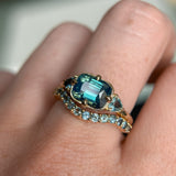 2.53ct Untreated Glowy Teal Cushion Cut Sapphire and Trillion Sapphire Antique Compass East-West Set Low Profile Ring in 14k Yellow Gold