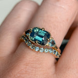 2.53ct Untreated Glowy Teal Cushion Cut Sapphire and Trillion Sapphire Antique Compass East-West Set Low Profile Ring in 14k Yellow Gold