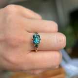 2.53ct Untreated Glowy Teal Cushion Cut Sapphire and Trillion Sapphire Antique Compass East-West Set Low Profile Ring in 14k Yellow Gold