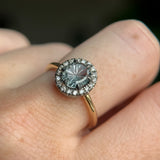 1.40ct Fantasy Carved Untreated Montana Sapphire and Antiqued Diamond Halo ring in 14k Yellow Gold