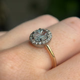 1.40ct Fantasy Carved Untreated Montana Sapphire and Antiqued Diamond Halo ring in 14k Yellow Gold