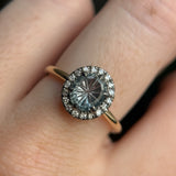 1.40ct Fantasy Carved Untreated Montana Sapphire and Antiqued Diamond Halo ring in 14k Yellow Gold