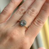 1.40ct Fantasy Carved Untreated Montana Sapphire and Antiqued Diamond Halo ring in 14k Yellow Gold