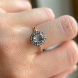 1.40ct Fantasy Carved Untreated Montana Sapphire and Antiqued Diamond Halo ring in 14k Yellow Gold