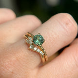 0.83ct Untreated Teal Montana Sapphire Evergreen Carved 4 Prong Solitaire in 14k Yellow Gold